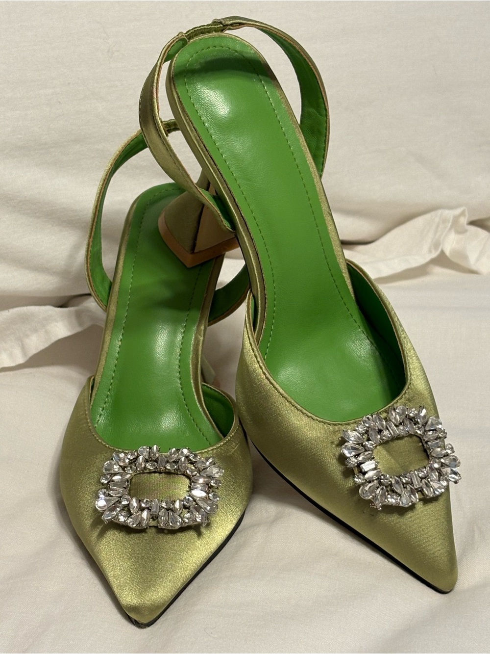 Women's Green Satin Pointed-Toe Slingback Heels with Crystal Buckle